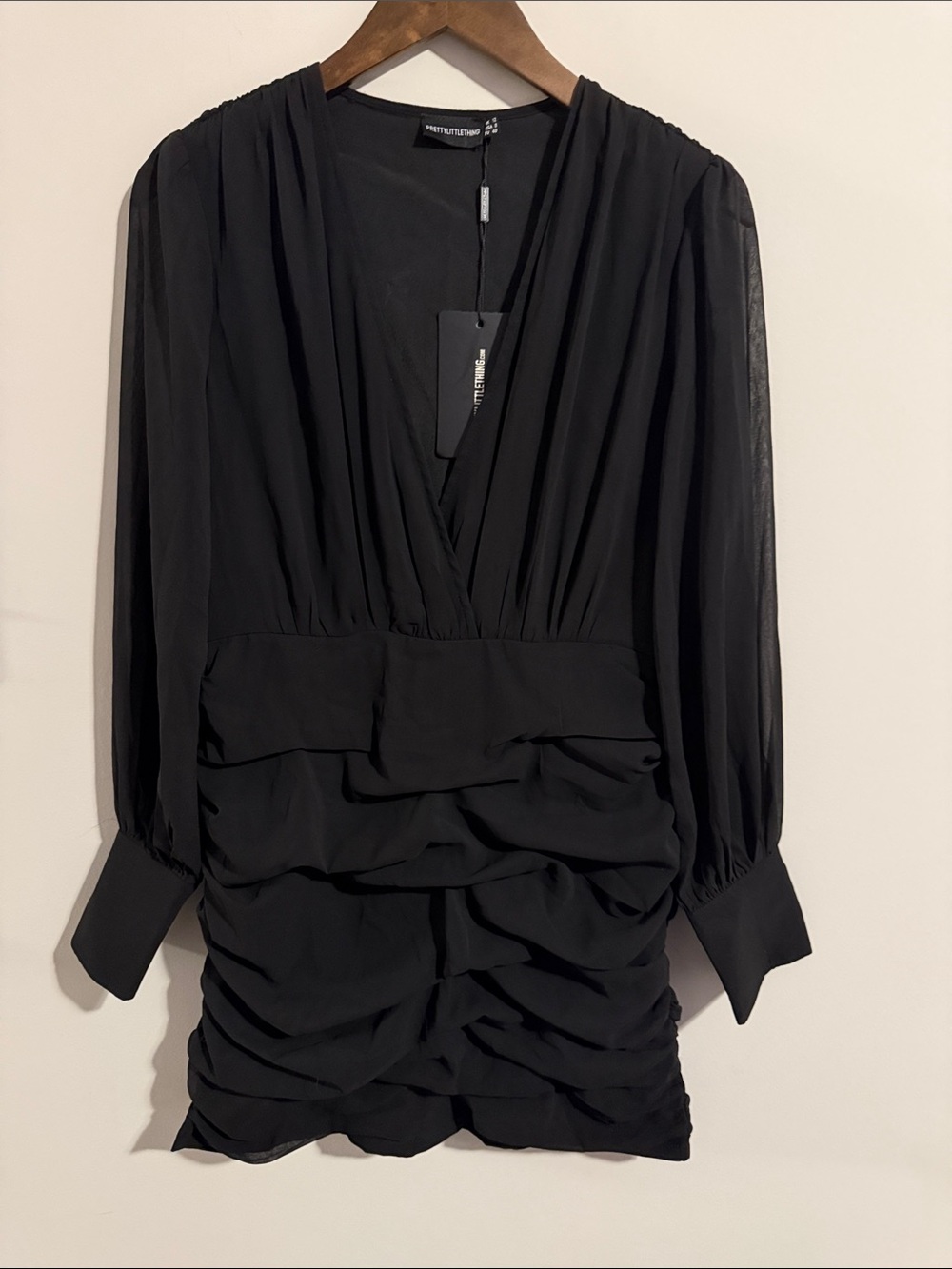 PrettyLittleThing Black Chiffon Ruched Mini Dress US Size 8 NWT